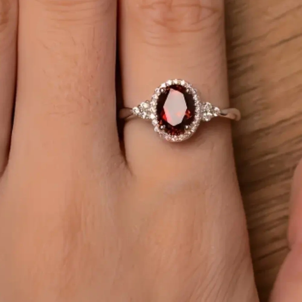 New Red Gemstone Halo Ring Silver Tone Statement Ring Promise Ring Various Sizes